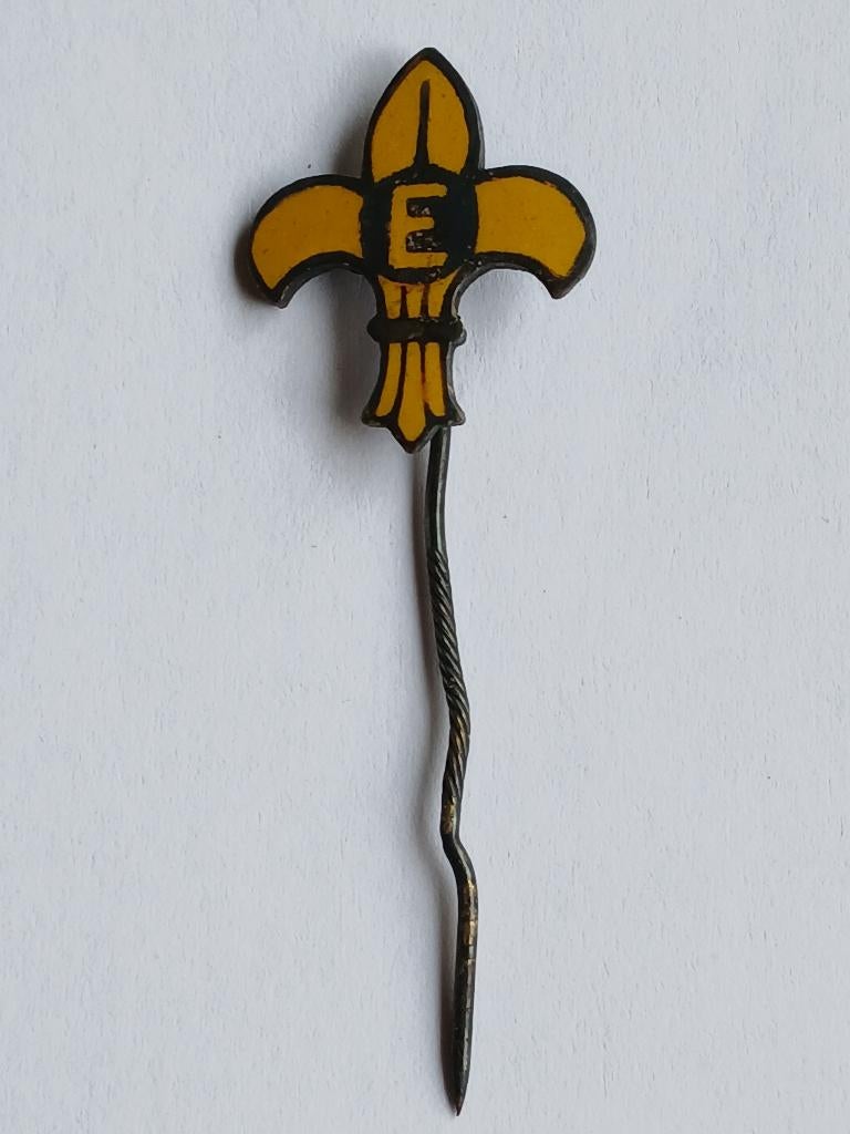Oud speldje Franse lelie E padvinderij/scouting, Verzamelen, Ophalen of Verzenden, Gebruikt, Embleem, Speld of Insigne