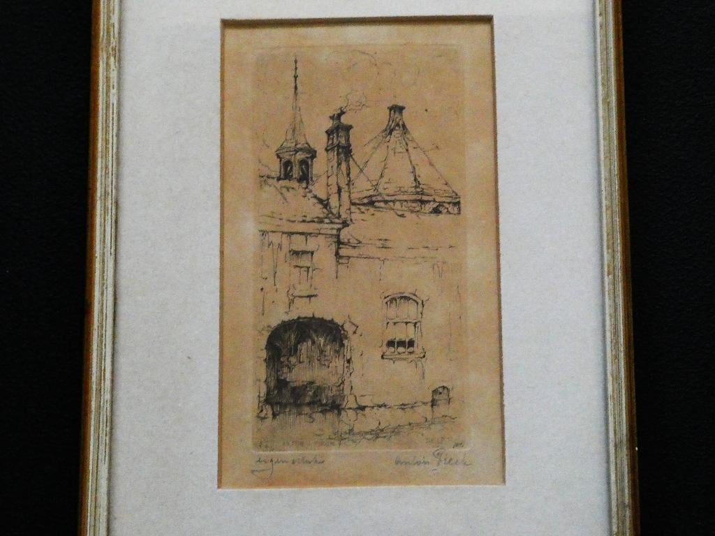 Originele ets Anton Pieck St. Agathakapel te Delft ca. 1919, Ingelijst, Ets, Ophalen of Verzenden, 21 cm