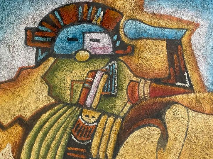 Groot Azteeks Reliëf Schilderij – B. Long – 80x60 cm, Antiek en Kunst, Kunst | Schilderijen | Abstract, Ophalen of Verzenden