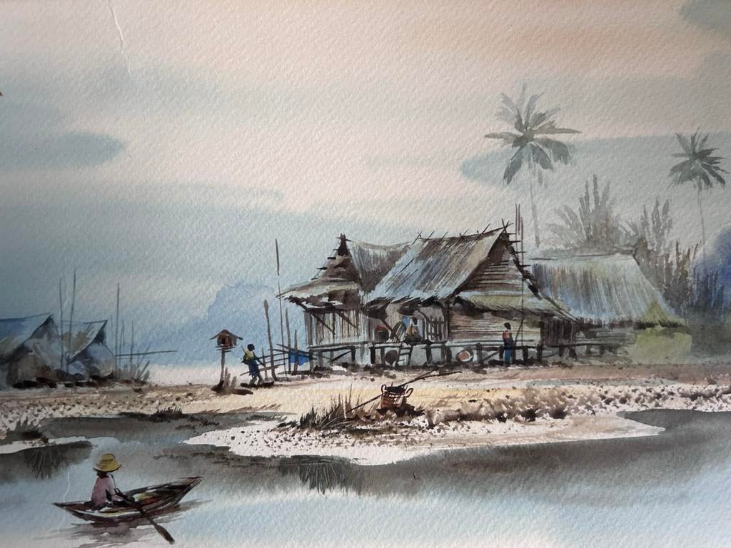 2 aquarel schilderijen in lijst van een dorp aan het water, Antiek en Kunst, Kunst | Schilderijen | Klassiek, Ophalen of Verzenden