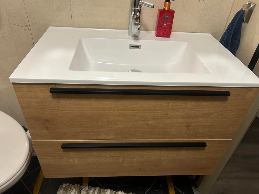 Badmeubelset Carlo met spiegel en wastafel - Houten look, Zo goed als nieuw, Minder dan 100 cm, Wastafelkast, 25 tot 50 cm