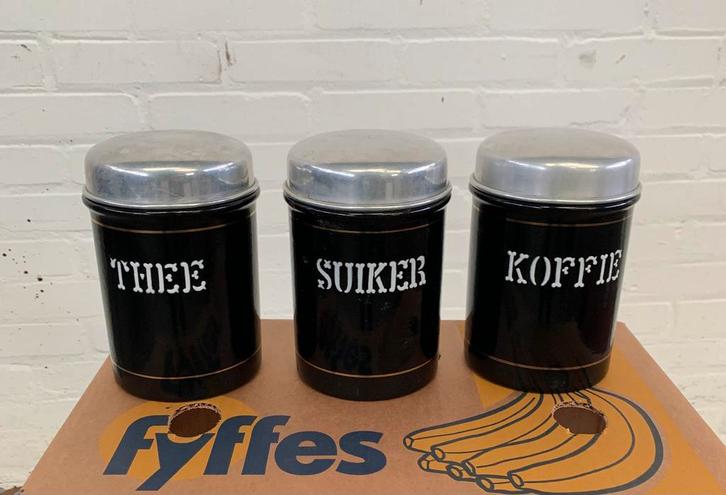 Zwart Emaille koffie thee suiker voorraad bussen zeldzaam, Antiek en Kunst, Antiek | Emaille, Ophalen of Verzenden