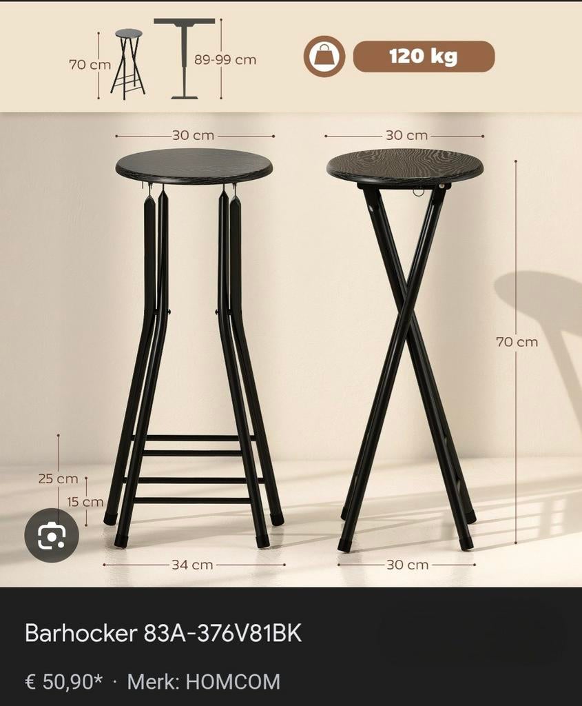 Opvouwbare barkruk - Zwart - 70 cm hoog, Ophalen of Verzenden, Nieuw, Staal