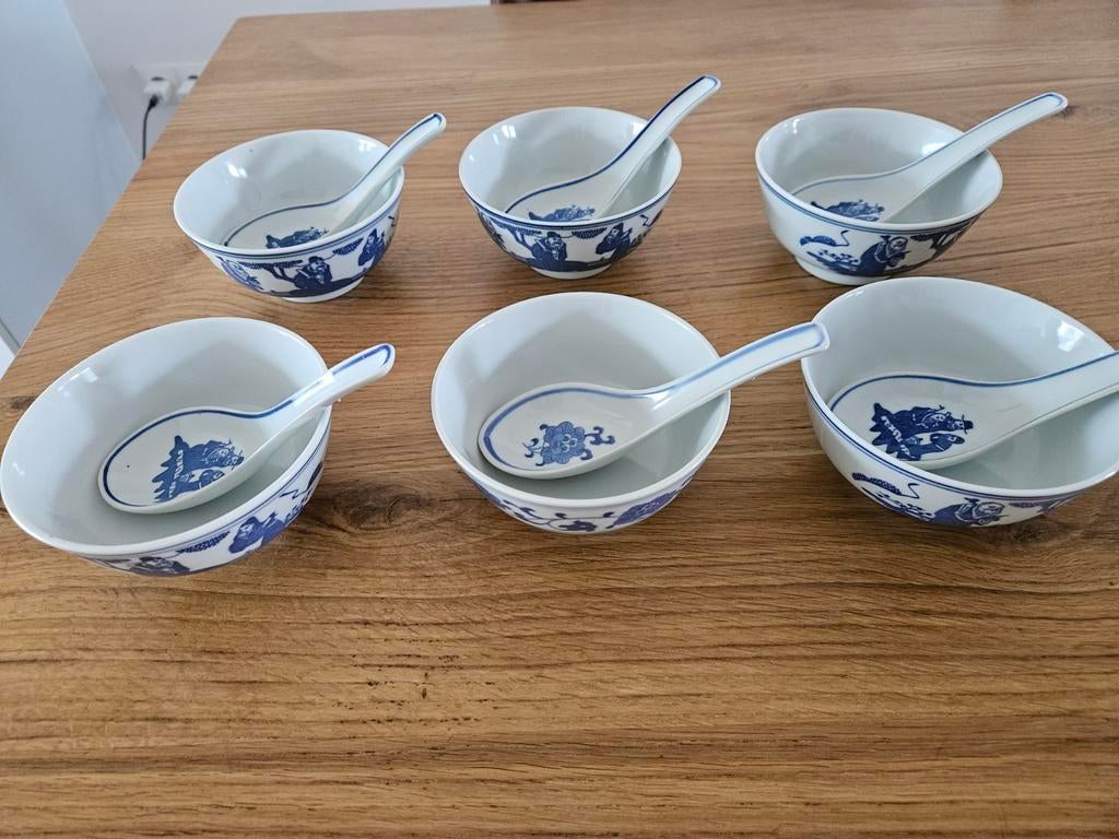 6 stuks vintage blauw wit chinees porselein rijstkommen, Ophalen