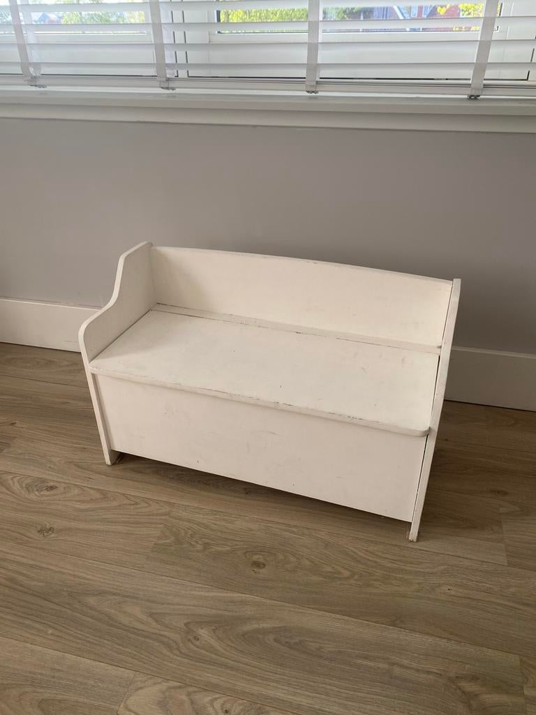 Wit houten bankje met opbergruimte 50hx80b, Ophalen, Gebruikt, Wit, Eén