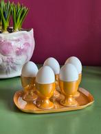 Art Deco iriserend Oranje Eierdopjes Set met Dienblaadje, Ophalen of Verzenden