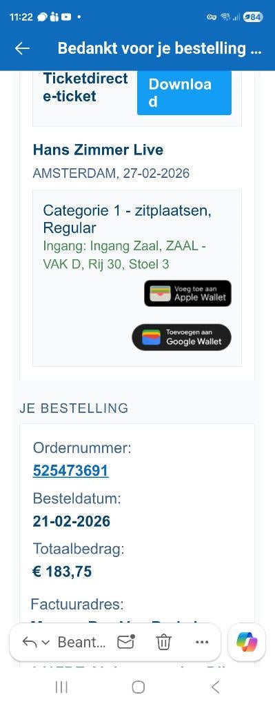 Ticket, Tickets en Kaartjes, Concerten | Overige, Eén persoon, Februari