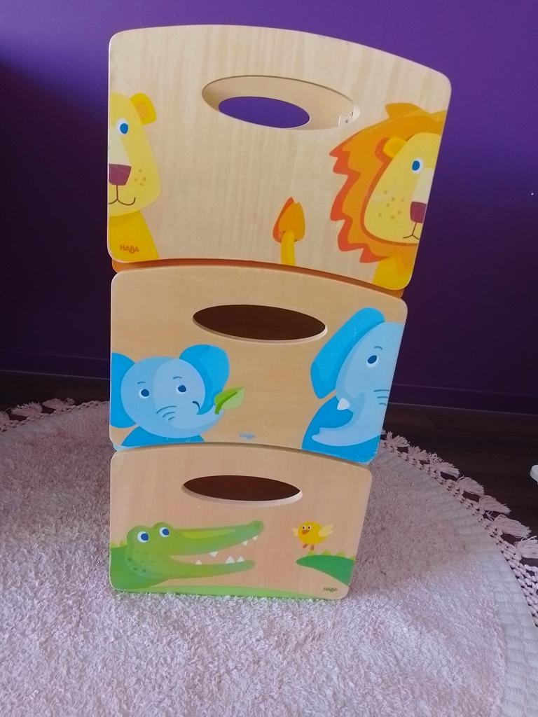 3 Haba opbergdozen voor speelgoed met dierenprint, Kinderen en Baby's, Speelgoed | Overig, Ophalen, Gebruikt, Jongen of Meisje