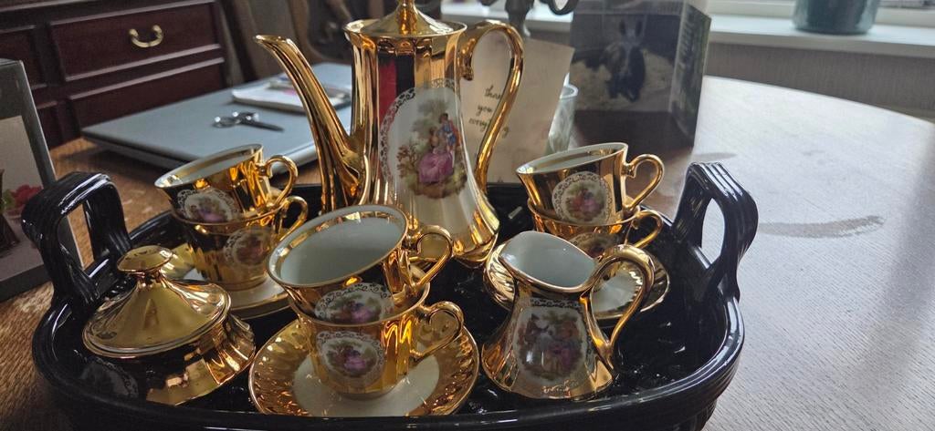 Vintage Goudkleurig Porseleinen Koffie-/Theeservies, Antiek en Kunst, Ophalen of Verzenden