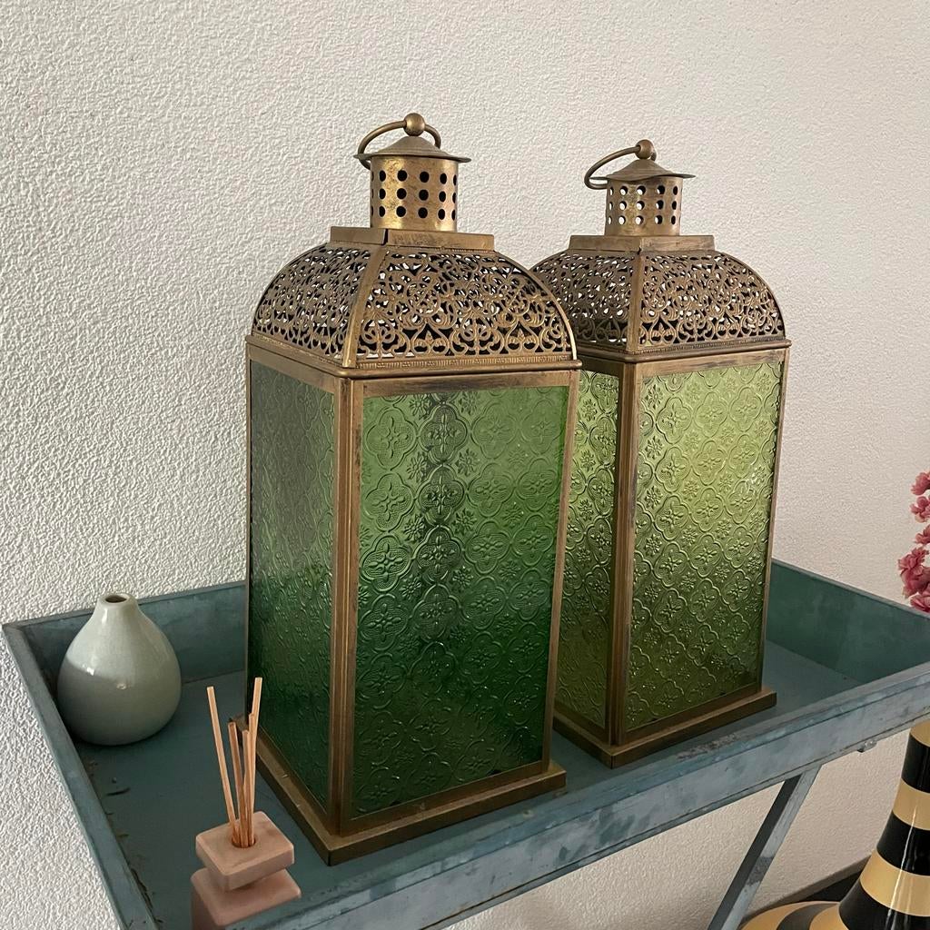 2x Windlicht Marokkaanse stijl goud/groen glas, Ophalen, Zo goed als nieuw