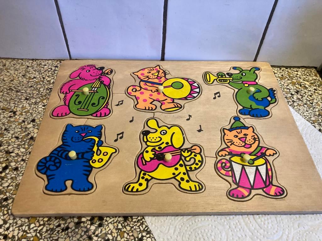 Vrolijke houten puzzel, Ophalen of Verzenden, Minder dan 10 stukjes, Zo goed als nieuw, 6 maanden tot 2 jaar