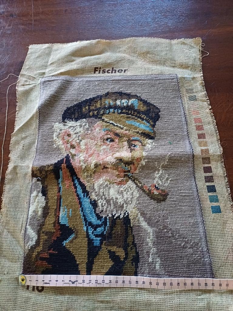 Borduurwerk ,,visser,, wol, zonder lijst, Ophalen of Verzenden, Gebruikt, Handborduren, Overige typen