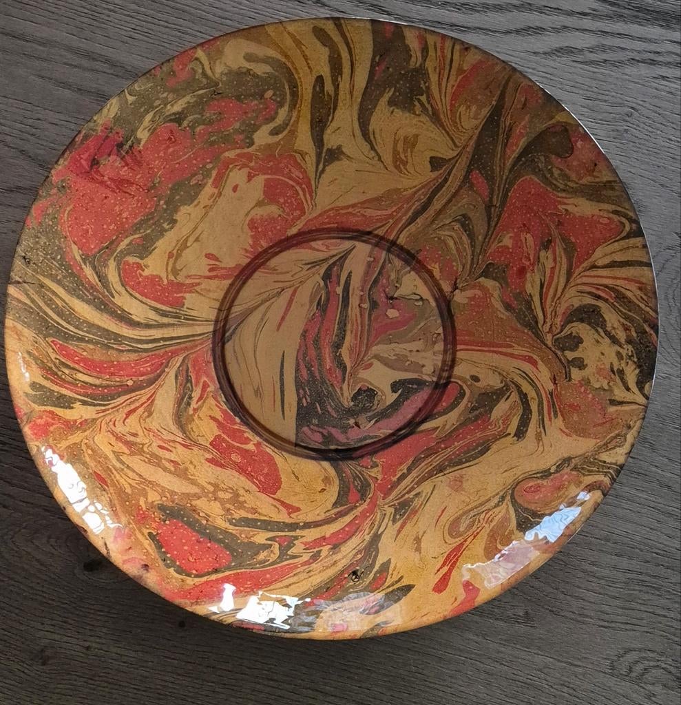 Decoratieve schaal met marmerlook - Rood/Goud, Ophalen, Rond, Glas