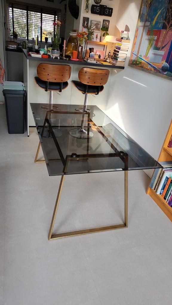 Messing & rookglas eettafel, Huis en Inrichting, Tafels | Eettafels, Gebruikt, 50 tot 100 cm, 100 tot 150 cm, Vier personen, Rechthoekig