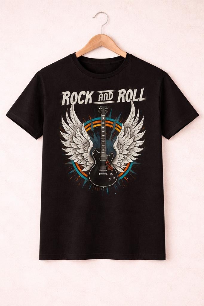 Zwart katoenen T-shirt met Rock and Roll gitaarprint, Ophalen of Verzenden