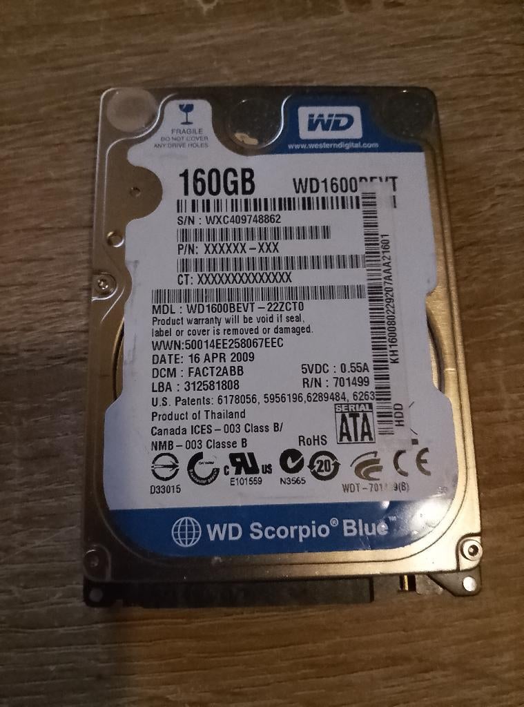 Western Digital WD 160 GB, Intern, Zo goed als nieuw, Laptop, SATA