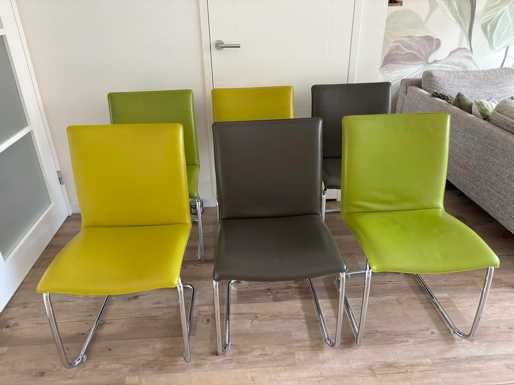 Nog 4 Leolux Freyr design eetkamerstoelen - diverse kleuren, Huis en Inrichting, Stoelen, Ophalen, Gebruikt, Overige kleuren, Leer