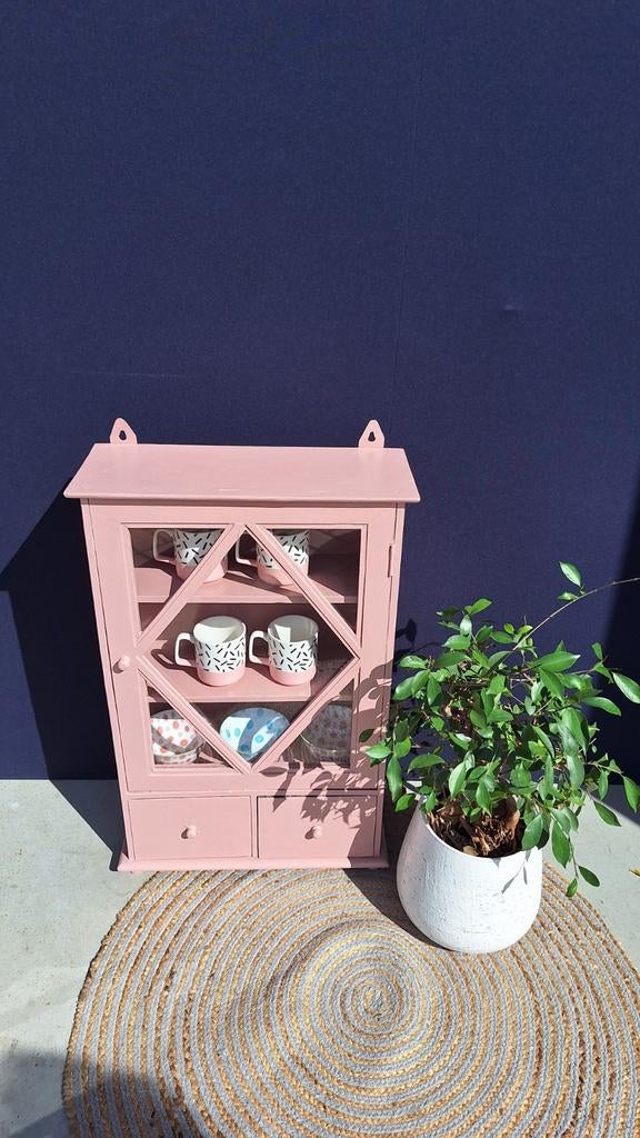 Oud roze vintage vitrinekastje, kastje met lades, hangkastje, Ophalen, Gebruikt, Met deur(en), Vintage