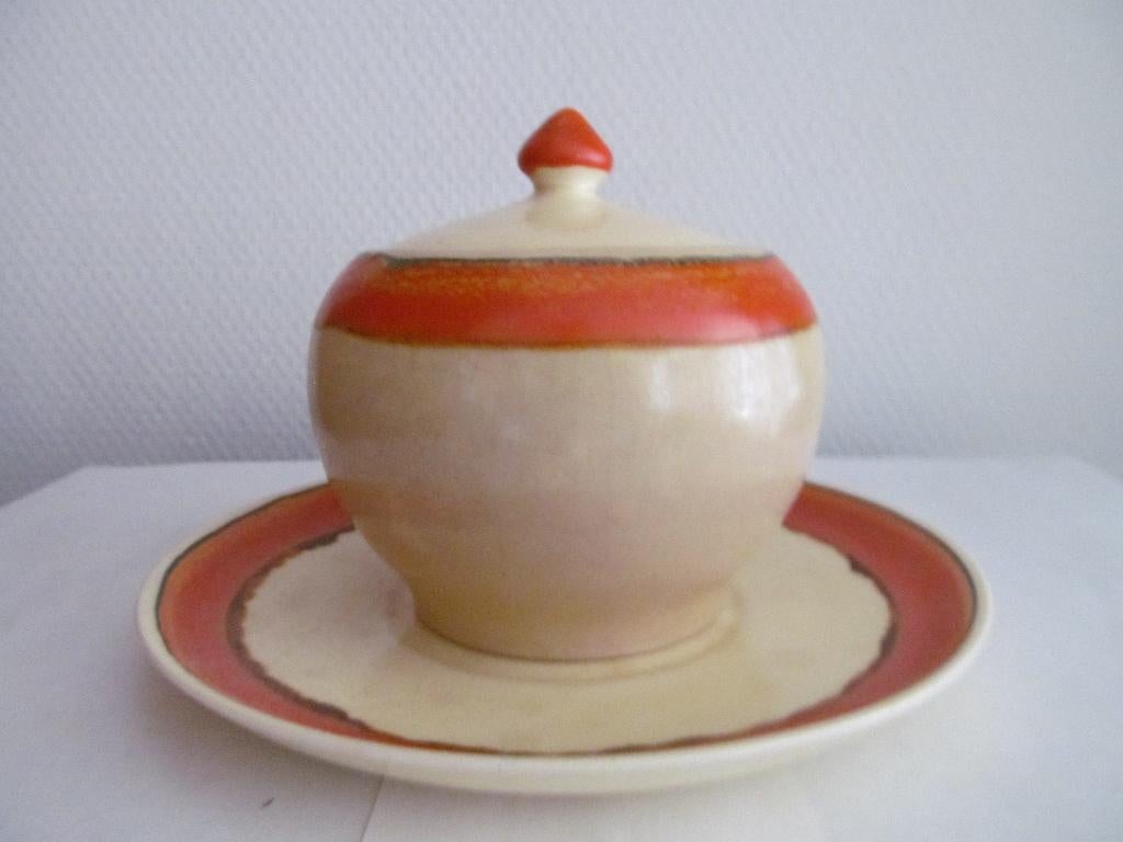 Zeldzaam:Mosa springend hert suiker/confiturepot op schotel., Antiek en Kunst, Antiek | Servies los, Ophalen