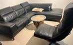 Eetbank zwart lederen hoekbank met lederen fauteuil, Ophalen of Verzenden, Zo goed als nieuw, Leer