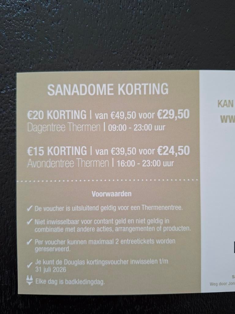 Sanadome 20 euro korting, Tickets en Kaartjes, Kortingen en Cadeaubonnen, Drie personen of meer, Kortingsbon