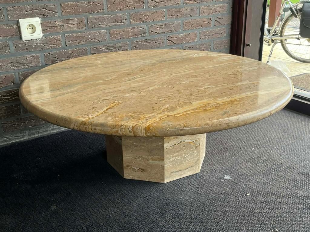 Design salontafel - gold travertine - rond - 90 diameter, Huis en Inrichting, Tafels | Salontafels, Zo goed als nieuw, Minder dan 50 cm