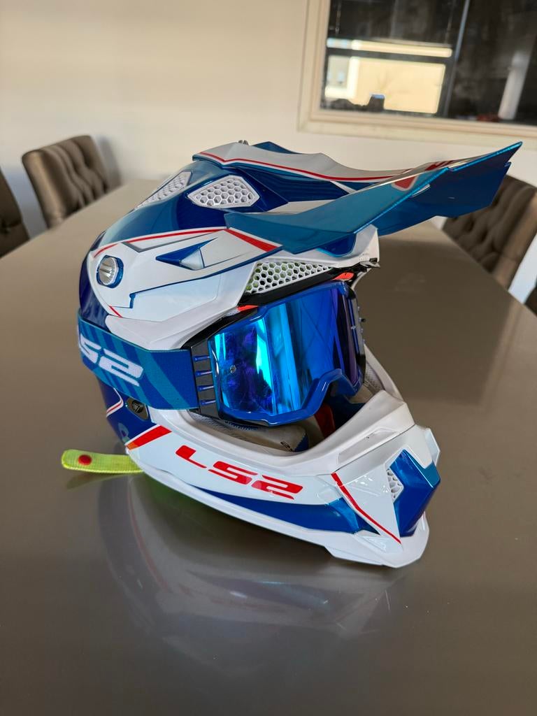 LS2 Crosshelm XL met bril - Blauw/Wit, Motoren, Kleding | Motorhelmen, Overige merken, XL, Ophalen of Verzenden, Tweedehands