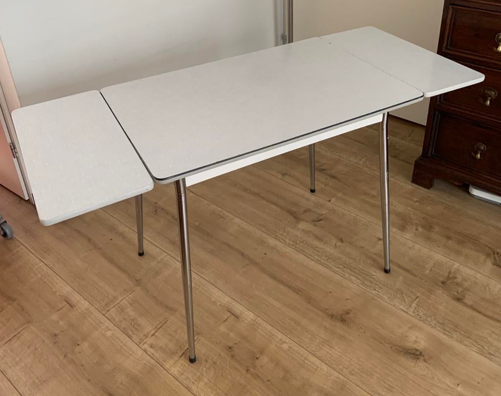 Retro formica tafelblad chroom poten uitschuif tafeltje, Ophalen, Zo goed als nieuw, Rechthoekig, 50 tot 100 cm