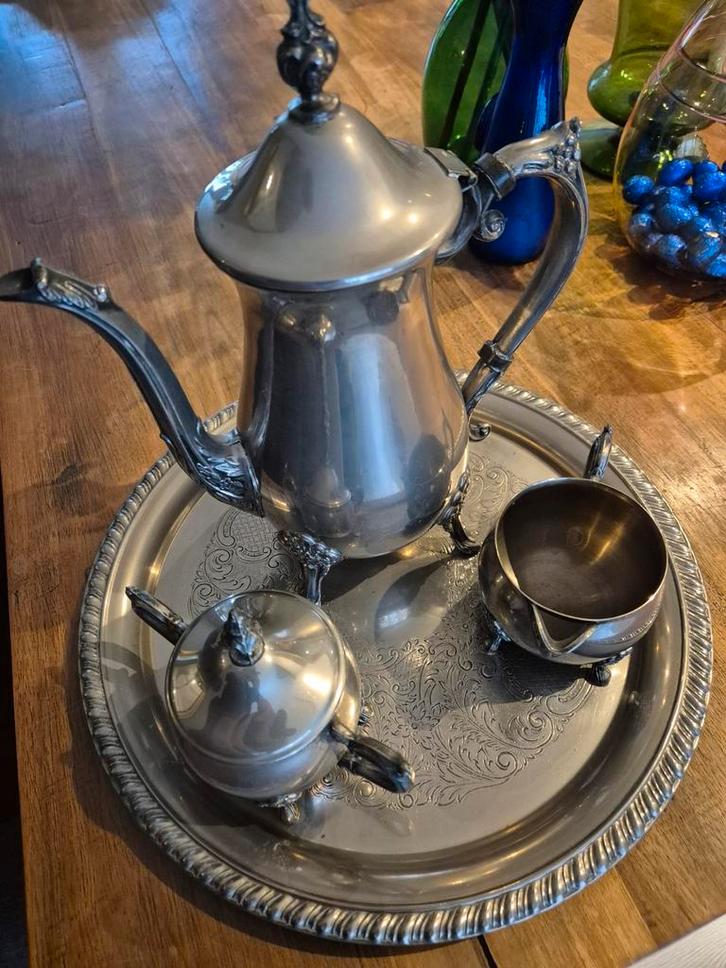 Antiek Verzilverd Koffie- en Theeservies met Dienblad, Antiek en Kunst, Antiek | Goud en Zilver, Ophalen of Verzenden