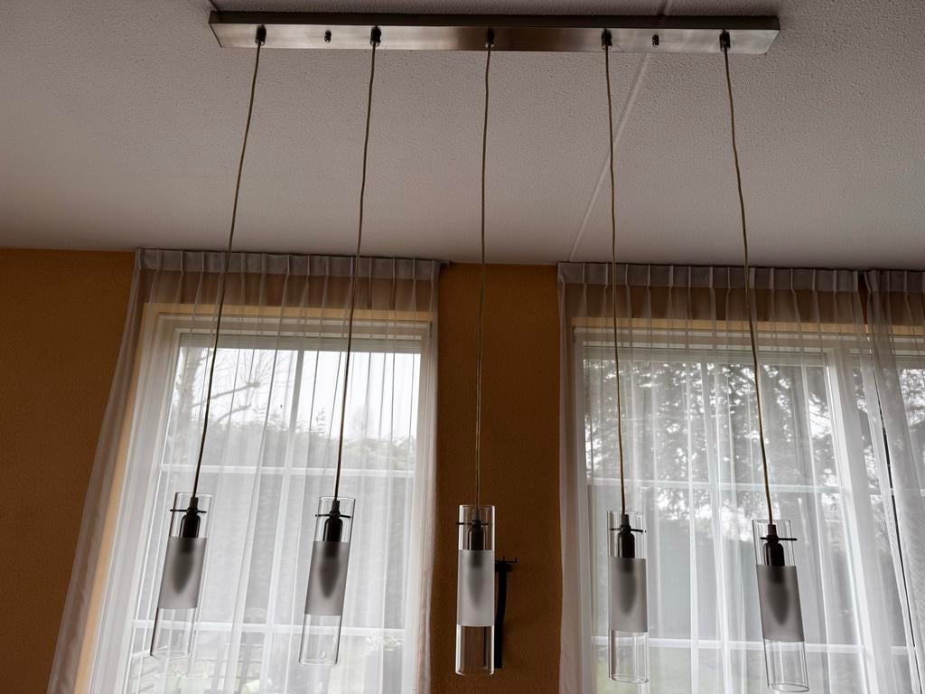 Moderne hanglamp met 5 cilinders, wit en helder glas, Ophalen, Zo goed als nieuw, Glas, 75 cm of meer