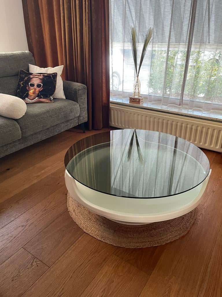 Retro Space Age Tafel met Groene Glasplaat, Huis en Inrichting, Tafels | Salontafels, Ophalen, Gebruikt, Rond, 50 tot 100 cm