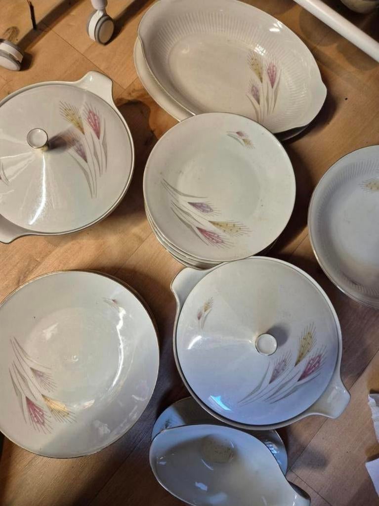 21-delig vintage servies met korenaren patroon, Ophalen of Verzenden