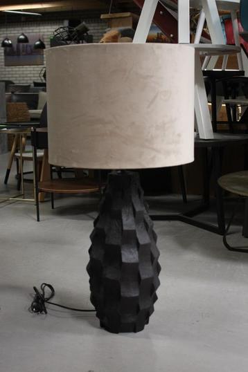 Prachtige zwarte tafellamp hout + velvet lampenkap champagne beschikbaar voor biedingen