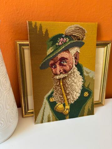 Vintage Borduurwerk: Man met Pijp beschikbaar voor biedingen