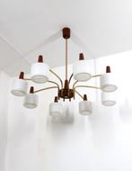 XL Danish Design Vintage Kroonluchter teakhout melkglas, Huis en Inrichting, Lampen | Hanglampen, Ophalen, Gebruikt, Onbekend