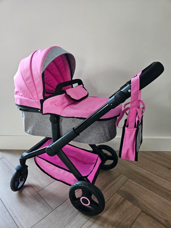 Roze poppenwagen met luiertas, verstelbaar, Kinderen en Baby's, Speelgoed | Poppen, Zo goed als nieuw, Babypop, Ophalen of Verzenden