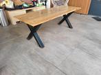 Tuintafel / boomstamtafel met stalen x poten 210x 80 x 73, Tuin en Terras, Ophalen, Gebruikt, Rechthoekig, Hout