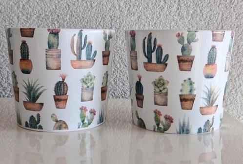 Twee Bloempotten met Cactus opdrukken, Tuin en Terras, Bloempotten, Zo goed als nieuw, Aardewerk, Minder dan 25 cm, Rond, Ophalen of Verzenden