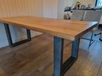Massief Eiken Tafel 200x90 - Stalen Onderstel, Ophalen, 50 tot 100 cm, Zo goed als nieuw, Vijf personen of meer
