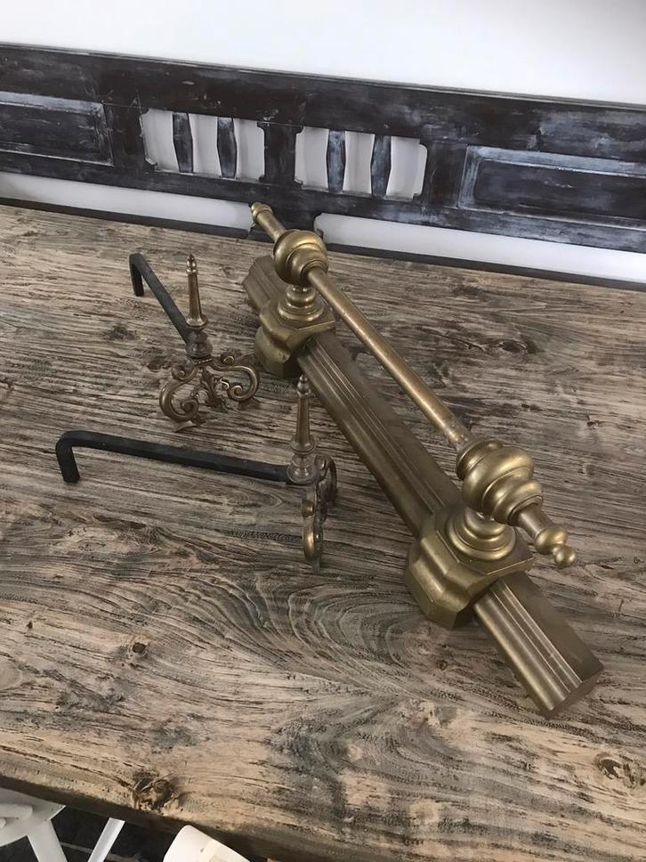 Antiek haardbokken en fender voorzetstuk messing koper, Huis en Inrichting, Haarden, Gebruikt, Houthaard, Ophalen of Verzenden