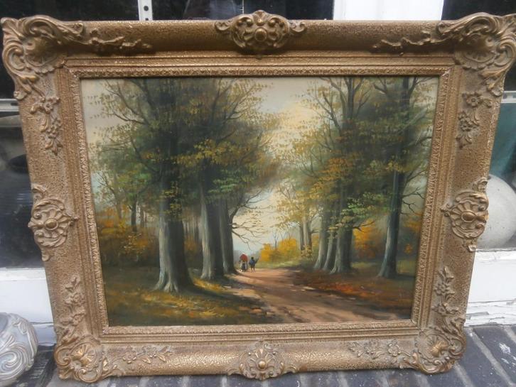 Mooi ""Groen""  bosgezicht met pers o/d weg, Mooie lijst, Antiek en Kunst, Kunst | Schilderijen | Klassiek, Ophalen