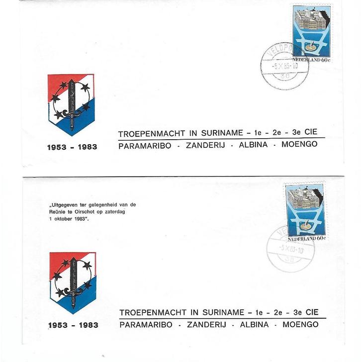 Troepenmacht in Suriname (TRIS) 2x reünie envelop philatelie, Verzamelen, Militaria | Algemeen, Nederland, Ophalen of Verzenden