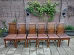 6 Houten stoelen met leren zitting, Vijf, Zes of meer stoelen, Gebruikt, Hout, Bruin