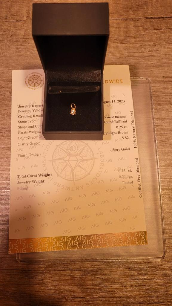 Diamant Hanger - 0.25 Karaat, 14K Goud - met certificaat, Sieraden, Tassen en Uiterlijk, Kettinghangers, Zo goed als nieuw, Goud