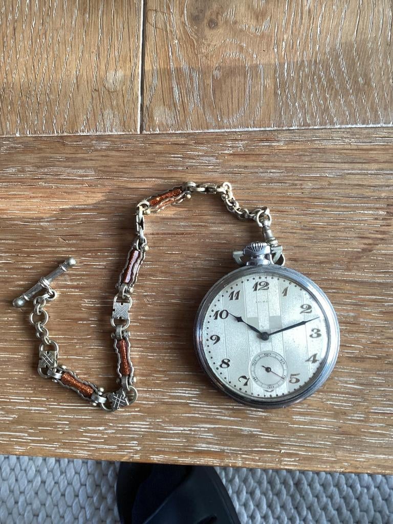 Antiek Zwitsers Ancre Zakhorloge met Bloedkoraal Ketting, Antiek en Kunst, Antiek | Klokken, Verzenden