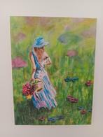 Kleurrijk romantisch schilderij - vrouw met bloemen in veld, Antiek en Kunst, Ophalen of Verzenden