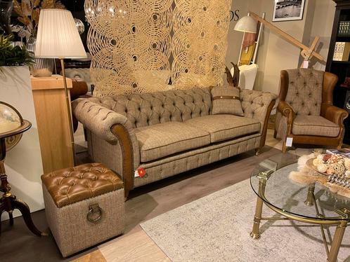 Henley Harris Tweed stof leer Chesterfield 3 Zits bank wol, Huis en Inrichting, Banken | Bankstellen, Nieuw, 75 tot 100 cm, Stof