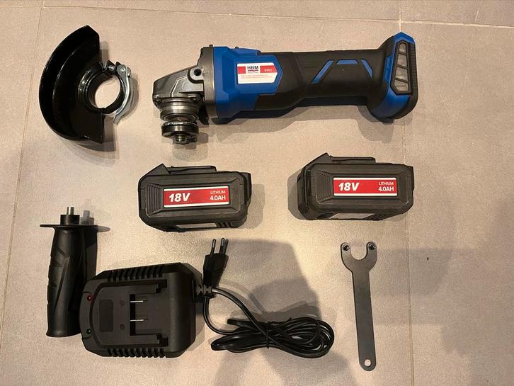 HBM 125mm Accu Haakse Slijper/Flex - 2x 4.0Ah accu en lader, Doe-het-zelf en Verbouw, Gereedschap | Slijpmachines, Gebruikt, Haakse handslijpmachine