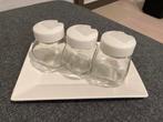 3 Glazen Potjes met Kunststof Deksel en Glazen Bord - Nieuw, Ophalen of Verzenden, Nieuw
