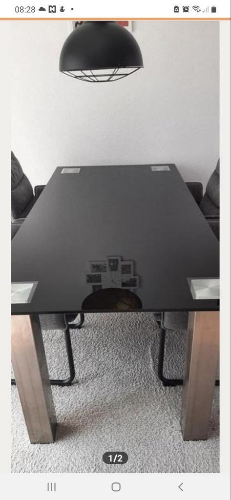 Glazen Eettafel met RVS Poten - Zo Goed Als Nieuw, Huis en Inrichting, Tafels | Eettafels, Zo goed als nieuw, 50 tot 100 cm, 150 tot 200 cm
